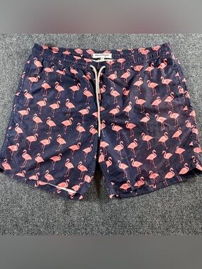 Maamgic Mens Flamingo Print Swim Trunks Navy Blue Pink Mesh Lined Shorts XXL